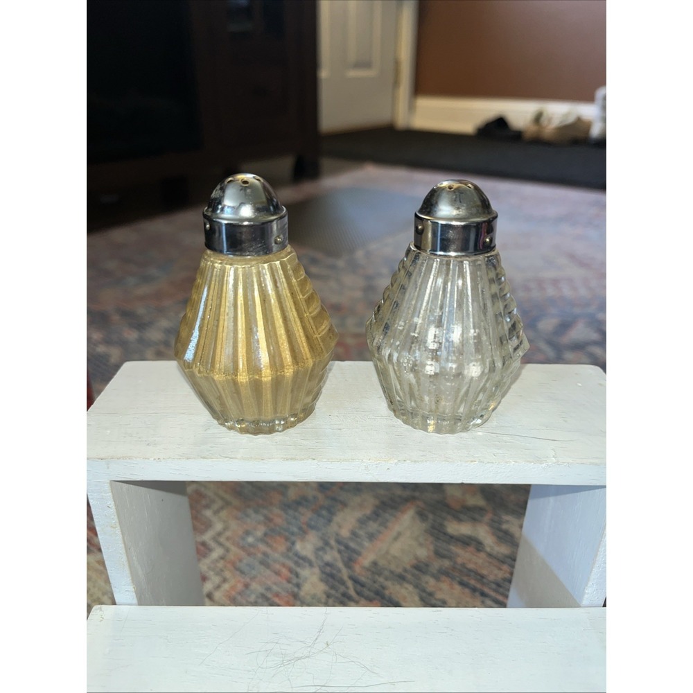Vintage Anchor Hocking Clear Ribbed Geometric Shape Salt & Pepper Shakers Pair
